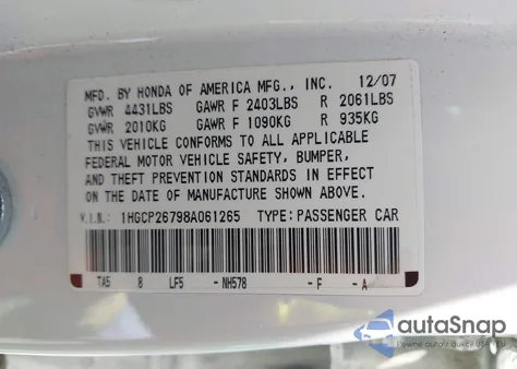 2008 Honda Accord 2.4 Ex from USA, damaged, VIN 1HGCP26798A061265